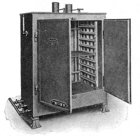 Fig. 13.—Portable Gas Heated Japanning and Enamelling
Stove fitted with Shelves, Thermometer, etc.