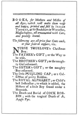 A page from a Catalogue of Children’s Books printed by
Isaiah Thomas