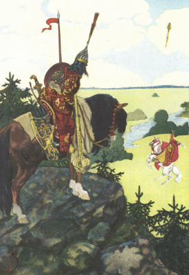 A man on a horse watches as another rider, in the field below, throws
an enormous club into the air.