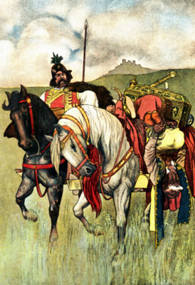 A man is bound and tied upside down on the back of a white horse, which
is being led by another rider.