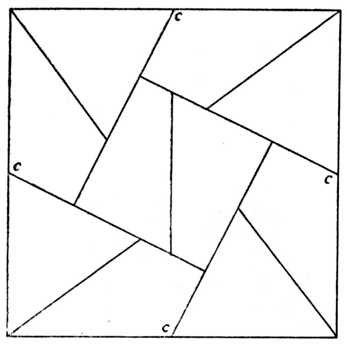 Fig. 399.—Ten-piece Square Puzzle. (For
    Guidance in Setting Out, the Centre
    of the Four Outlines are lettered at
    C, C, C, C.)