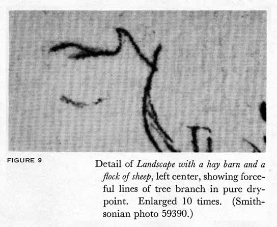 Detail of Landscape with a hay barn and a flock of sheep, left center, showing forceful lines of tree branch in pure drypoint. Enlarged 10