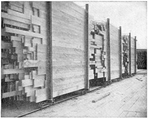 Cars Loaded with Lumber on its Edges by the Automatic Lumber
Stackers