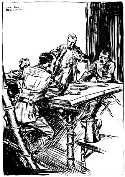 Without the least trace of excitement in his voice Mr.
Wallace had whipped out his revolver and covered the other. "Keep your hands on the table, Montenay!"