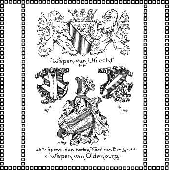 Wapen van Utrecht; Wapens van hertog Karel van Bourgondi; Wapen van Oldenburg, Figuren 146–149.