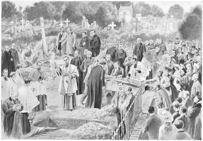 Exhumation de la Servante de Dieu, Thrse de
l'Enfant-Jsus. (6 septembre 1910.)
Aprs avoir retir le cercueil de l'ancienne tombe o l'on voit la
croix, S. G. Mgr Lemonnier, vque de Bayeux et Lisieux, bnit la
nouvelle tombe et permet  la foule de dnier devant le cercueil. Mgr de
Teil, Vice-Postulateur, crit, le procs-verbal;  ses pieds on voit la
palme retrouve intacte.