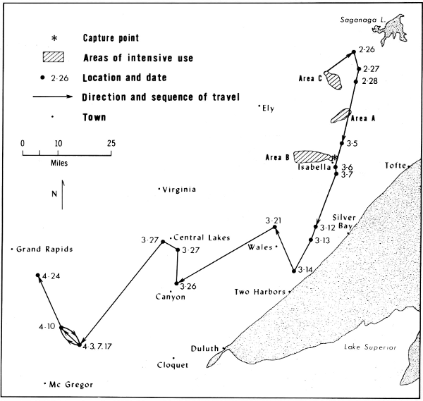 Figure 20.—Dispersal of wolf 1051. Lines merely
indicate sequence of locations. Only selected lakes are shown.