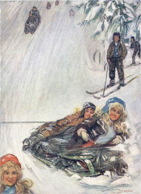 GIRLS ON OVERTURNED SLEDGE, HOLMENCOLLEN