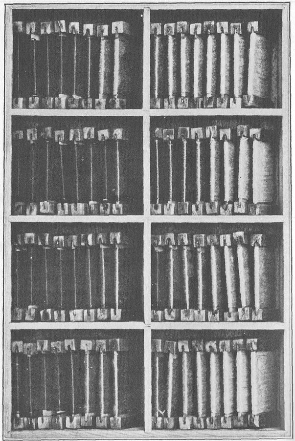 TABLETS WOUND WITH COLOURED SILK.
Used for educating the chromatic sense. The tablets are shown in the boxes in which they
are kept.