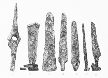 No. 45. Copper Implements and Weapons from the Trojan
stratum (8 M.). a, Axe of an unusual form; b, c, Battle-Axes of
the common form; d, e, g, Knives; f, a Nail.