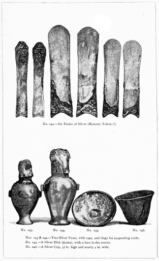 No. 242.—Six Blades of Silver (Homeric Talents?).

Nos. 243 & 244.—Two Silver Vases, with caps, and rings for suspending
cords.

No. 245.—A Silver Dish (φιάλη), with a boss in the centre.

No. 246.—A Silver Cup, 3-1/3 in. high and nearly 4 in. wide.

THE TREASURE OF PRIAM.

Page 328.

